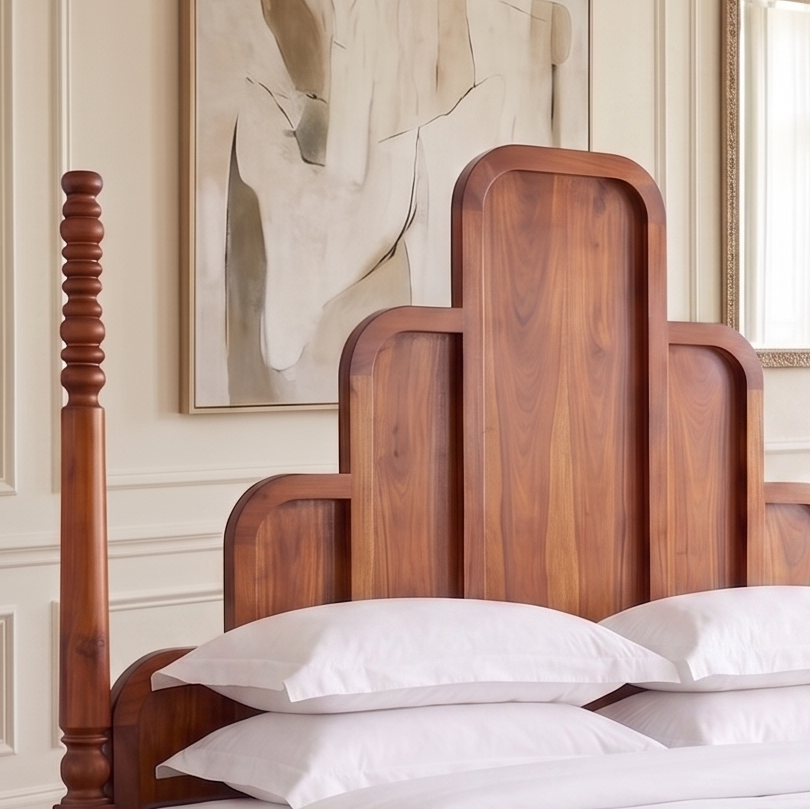 ADOUER WOOOD Solid Wood Art Deco Four-Poster Bed Frame – Mid-Century Modern Arch Panel
