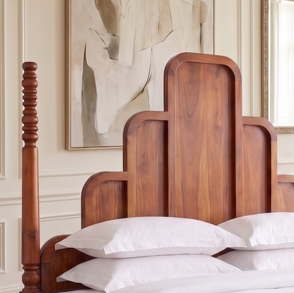 ADOUER WOOOD Solid Wood Art Deco Four-Poster Bed Frame – Mid-Century Modern Arch Panel