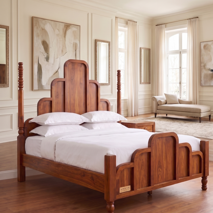 ADOUER WOOOD Solid Wood Art Deco Four-Poster Bed Frame – Mid-Century Modern Arch Panel