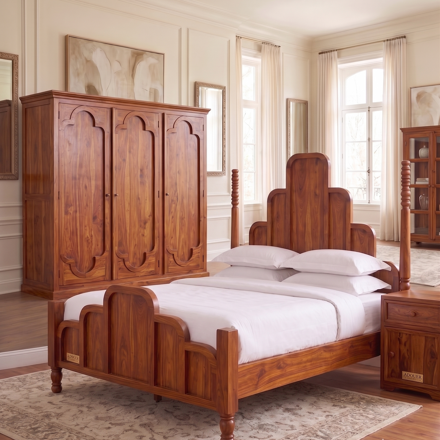 ADOUER WOOOD Solid Wood Art Deco Four-Poster Bed Frame – Mid-Century Modern Arch Panel