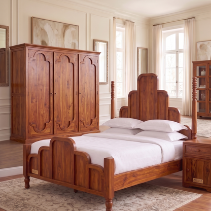 ADOUER WOOOD Solid Wood Art Deco Four-Poster Bed Frame – Mid-Century Modern Arch Panel