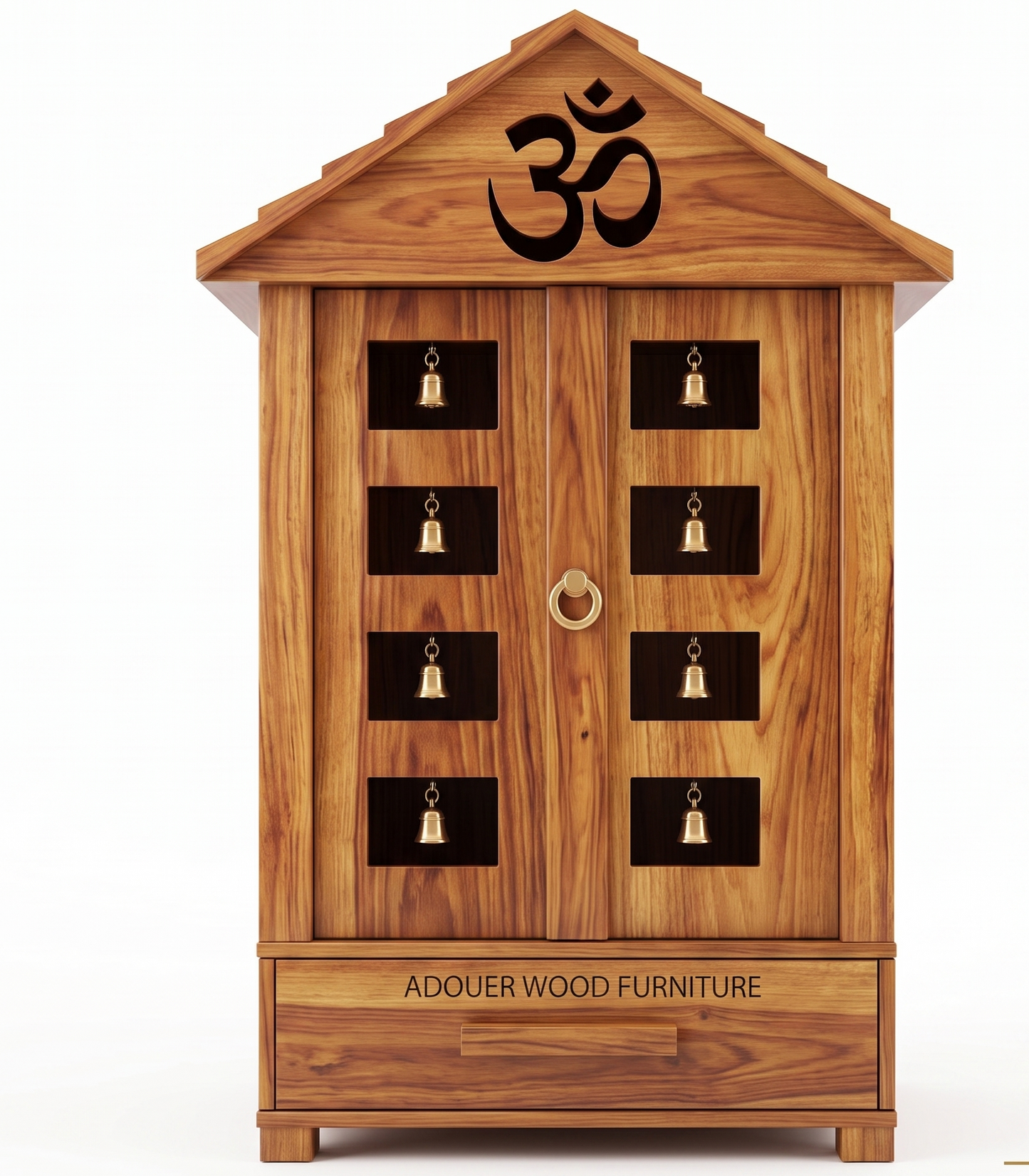ADOUER WOOD Handcrafted Wooden Mandir for Home with Brass Bells & Doors