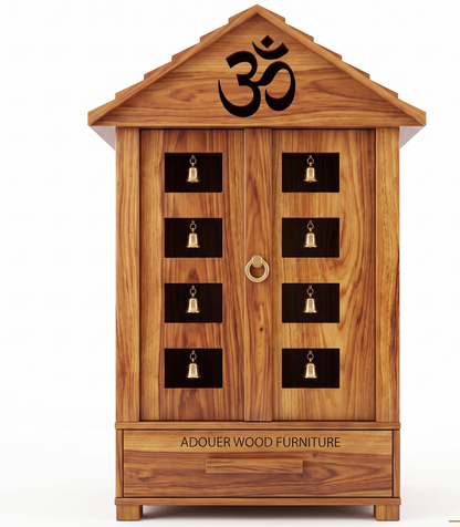 ADOUER WOOD Handcrafted Wooden Mandir for Home with Brass Bells & Doors