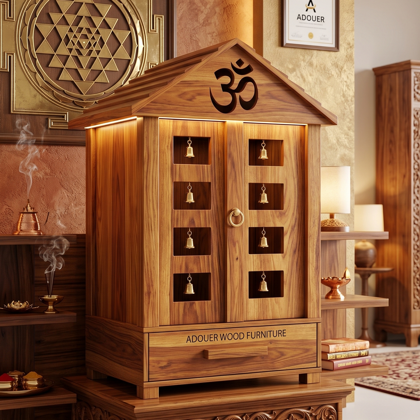 ADOUER WOOD Handcrafted Wooden Mandir for Home with Brass Bells & Doors