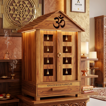ADOUER WOOD Handcrafted Wooden Mandir for Home with Brass Bells & Doors
