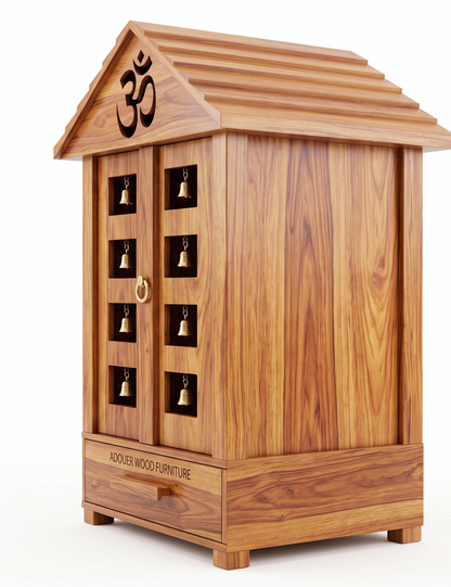 ADOUER WOOD Handcrafted Wooden Mandir for Home with Brass Bells & Doors
