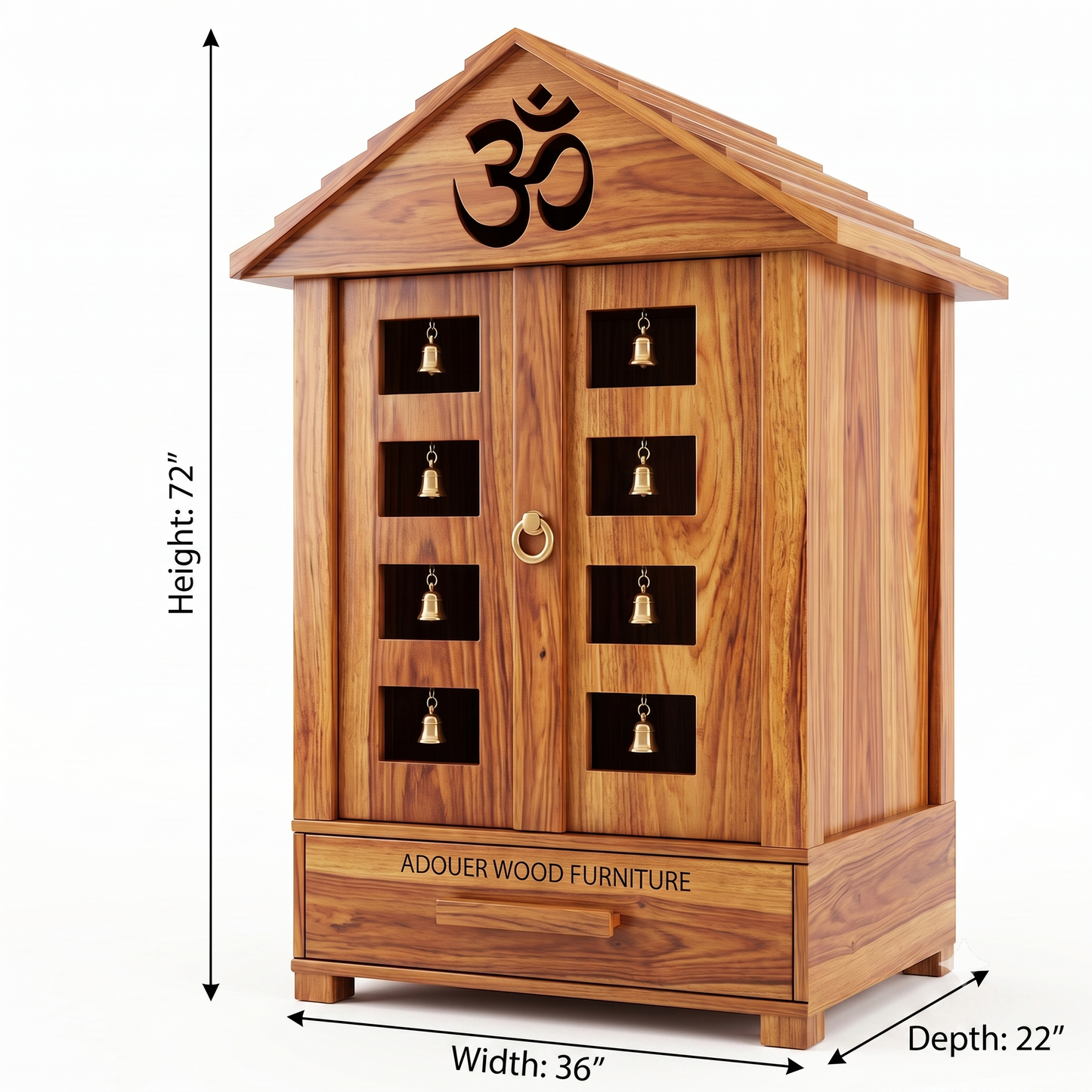 ADOUER WOOD Handcrafted Wooden Mandir for Home with Brass Bells & Doors