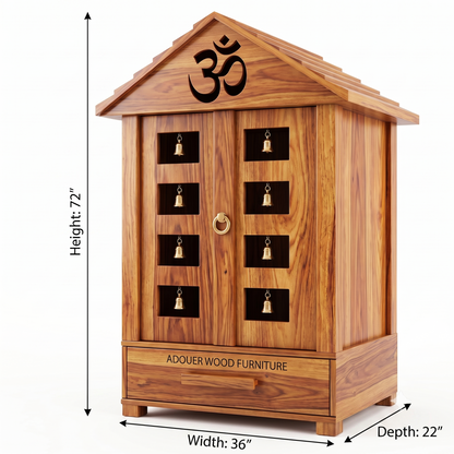 ADOUER WOOD Handcrafted Wooden Mandir for Home with Brass Bells & Doors