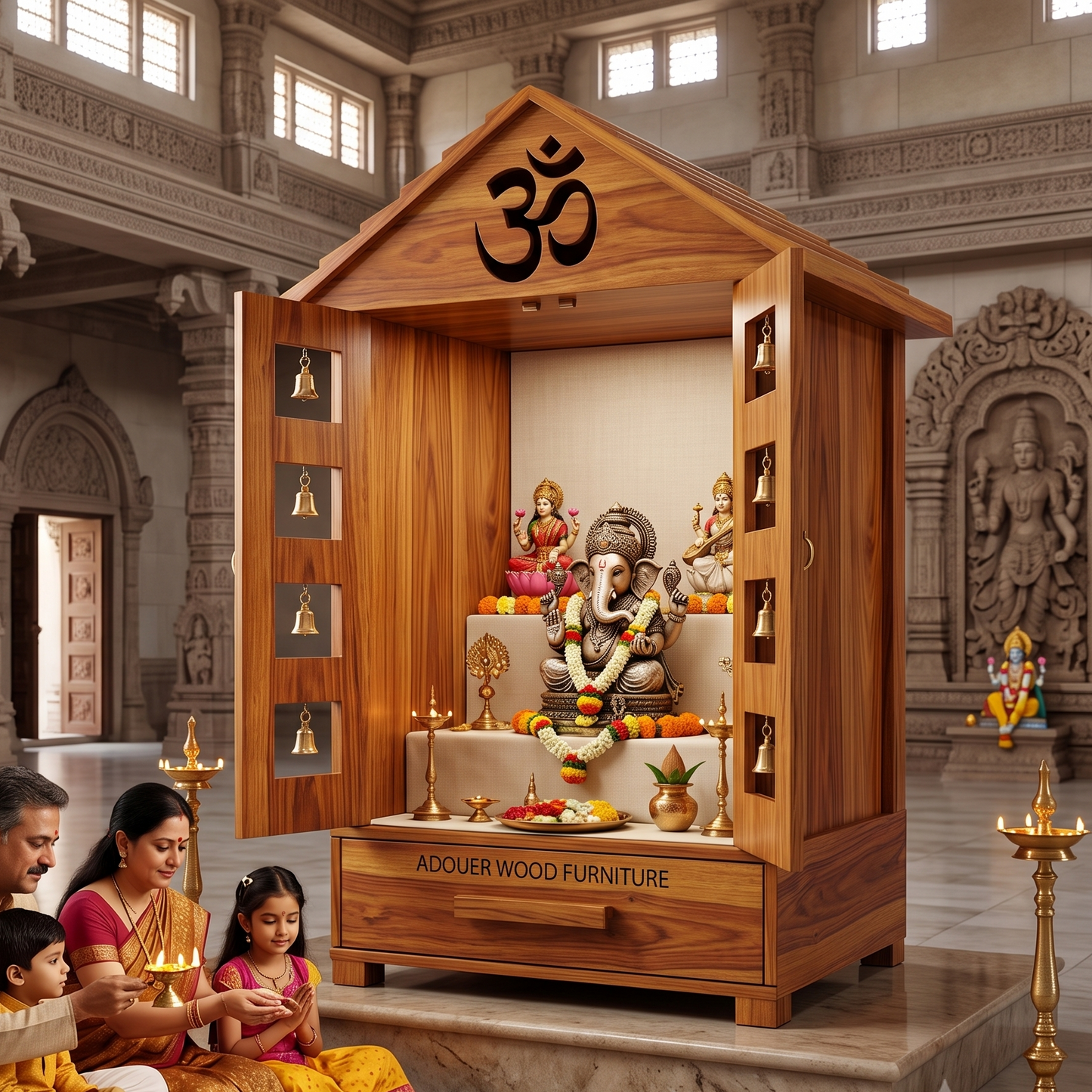 ADOUER WOOD Handcrafted Wooden Mandir for Home with Brass Bells & Doors