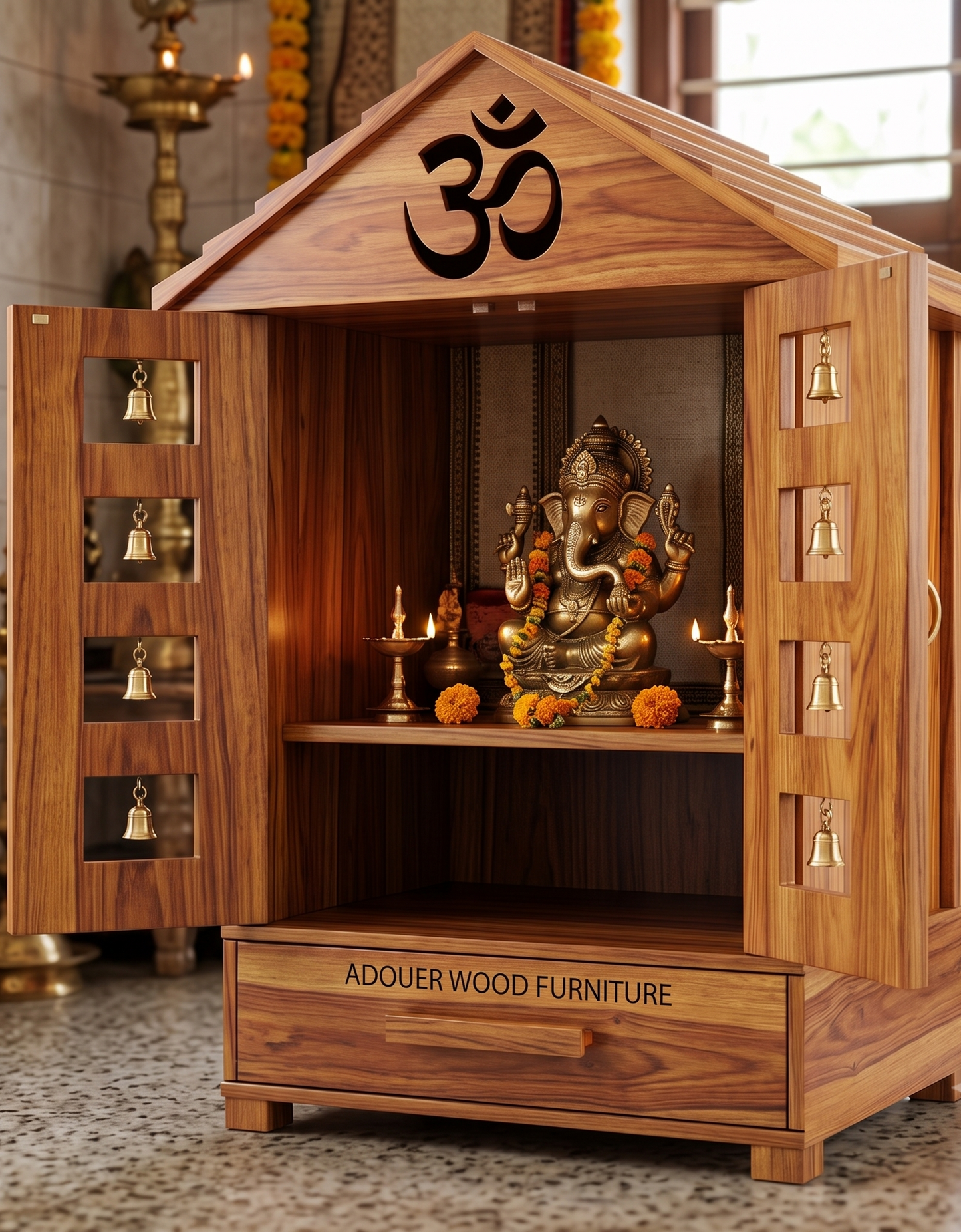 ADOUER WOOD Handcrafted Wooden Mandir for Home with Brass Bells & Doors