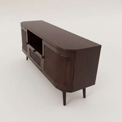 ADOUER WOOD Mid-Century Modern TV Unit – Curved Entertainment Center with Natural Cane Mesh Doors & Solid Wood Legs