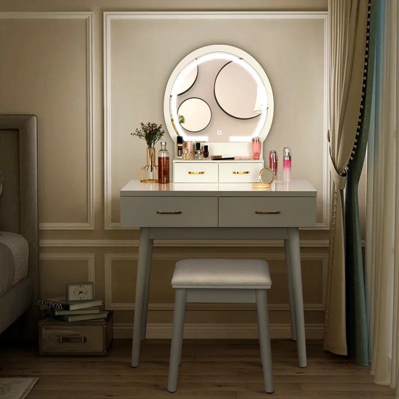 ADOUER WOOD "Modern White Vanity Dressing Table with LED Mirror and Stool - 4 Drawers and Gold Handles"