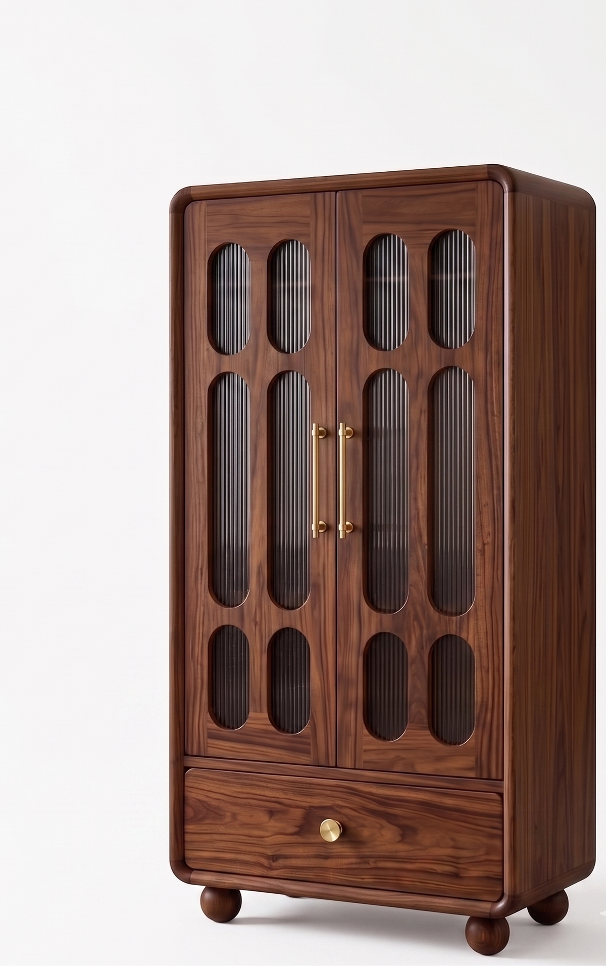 Wooden wardrobe with glass panels and gold handles on a white background