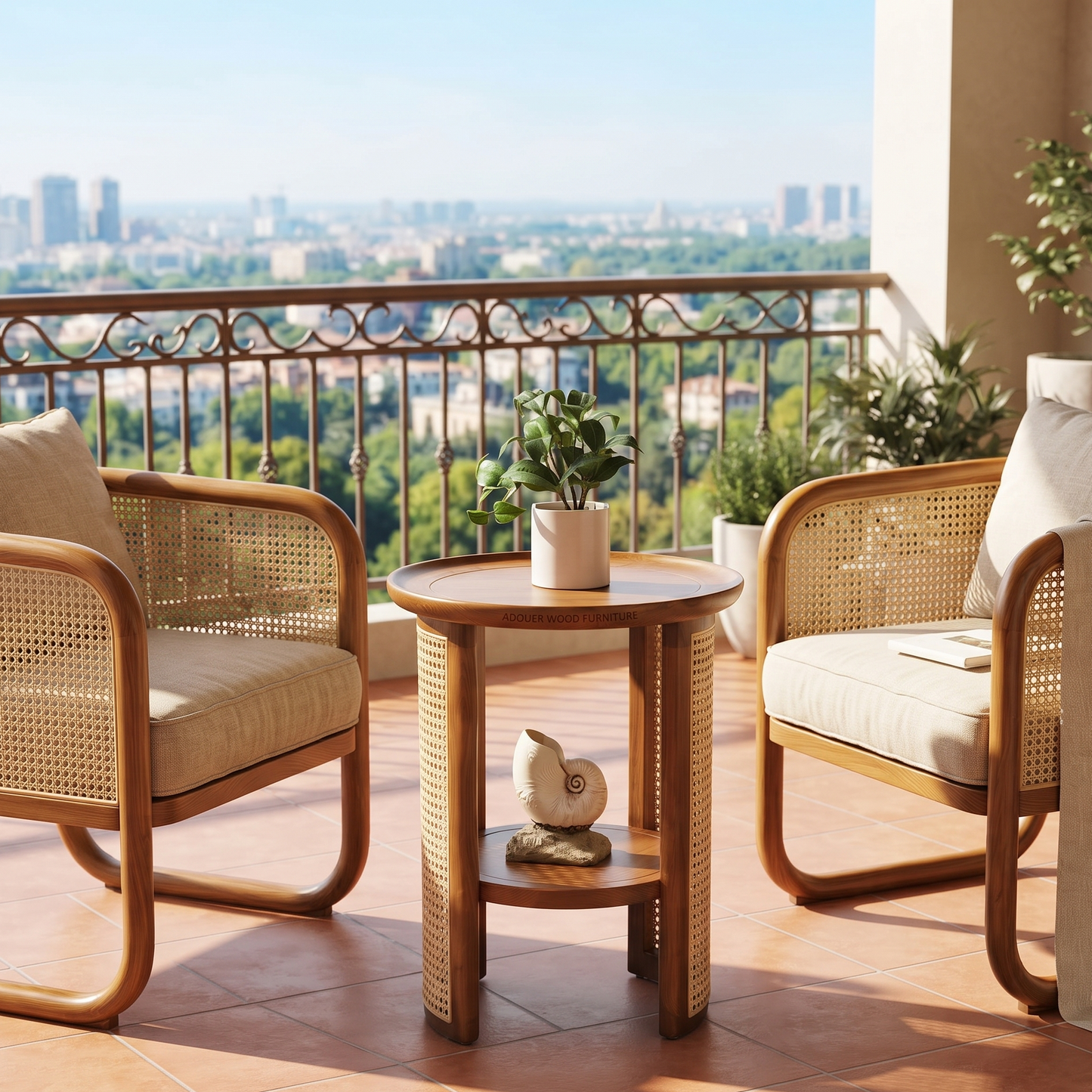 A round wooden outdoor coffee table with a lower shelf, styled on a balcony with two woven rattan armchairs and a city view in the background.