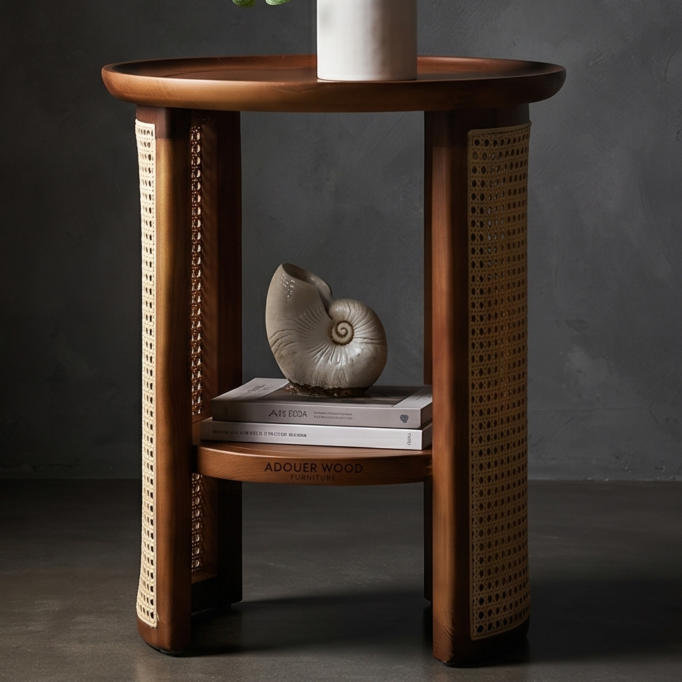 A round wooden side table with woven cane panels on the legs and a lower shelf holding books and a seashell sculpture, photographed in a dark studio setting.