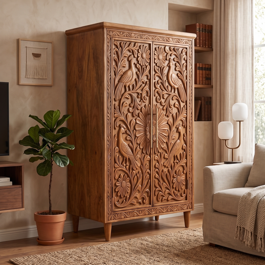 A tall, ornate wooden cabinet with intricate hand-carved floral and bird motifs on two doors, shown in a styled living room setting next to a sofa and potted plant.