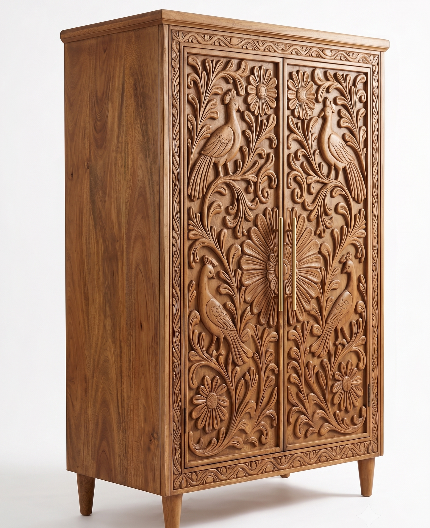 A tall wooden cabinet with two doors featuring intricate hand-carved floral and bird motifs, shown against a plain white background.