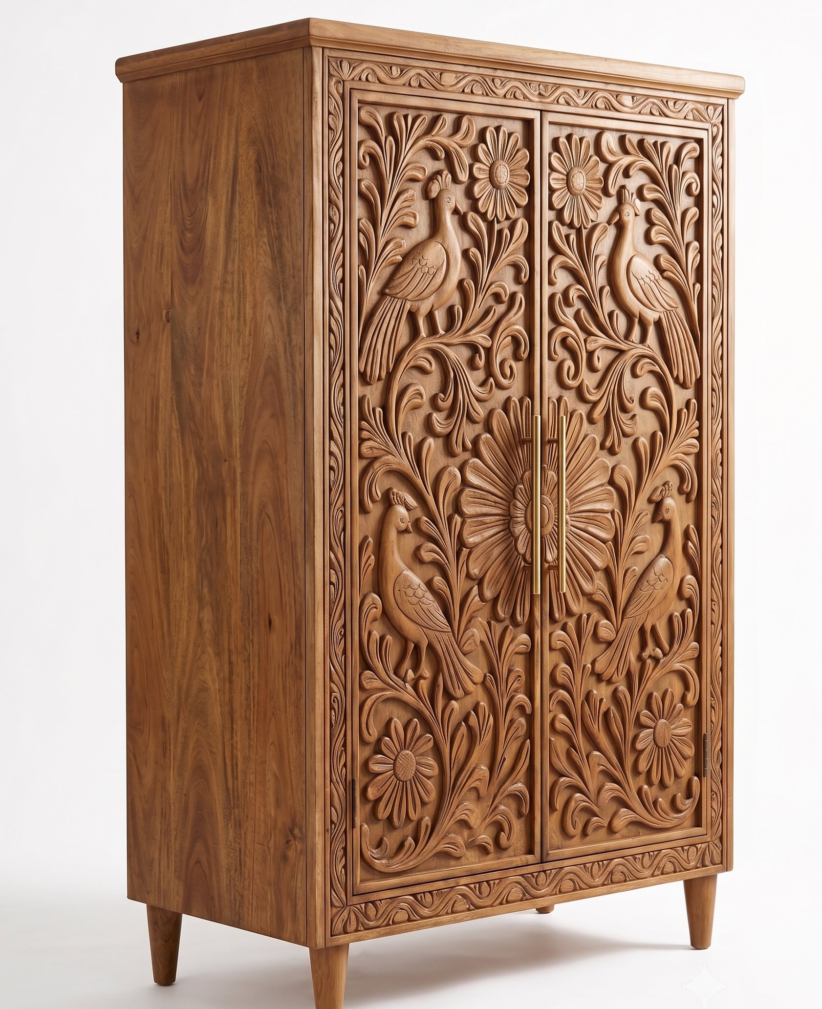 A tall wooden cabinet with two doors featuring intricate hand-carved floral and bird motifs, shown against a plain white background.