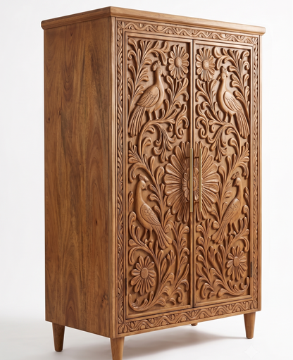 A tall wooden cabinet with two doors featuring intricate hand-carved floral and bird motifs, shown against a plain white background.