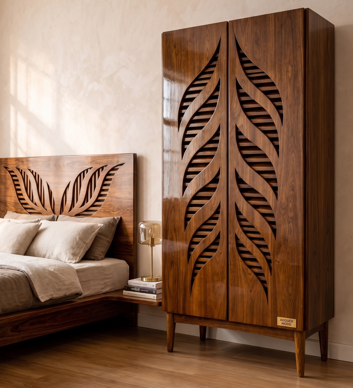 A tall wooden wardrobe with two doors featuring carved leaf-like cutout patterns, shown in a bedroom next to a matching wooden bed headboard.