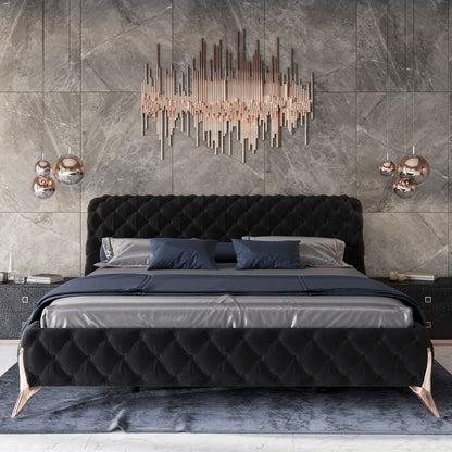 Adouer Wood "Modern Tufted Velvet Upholstered Bed with Gold Legs – Luxurious and Elegant Design"
