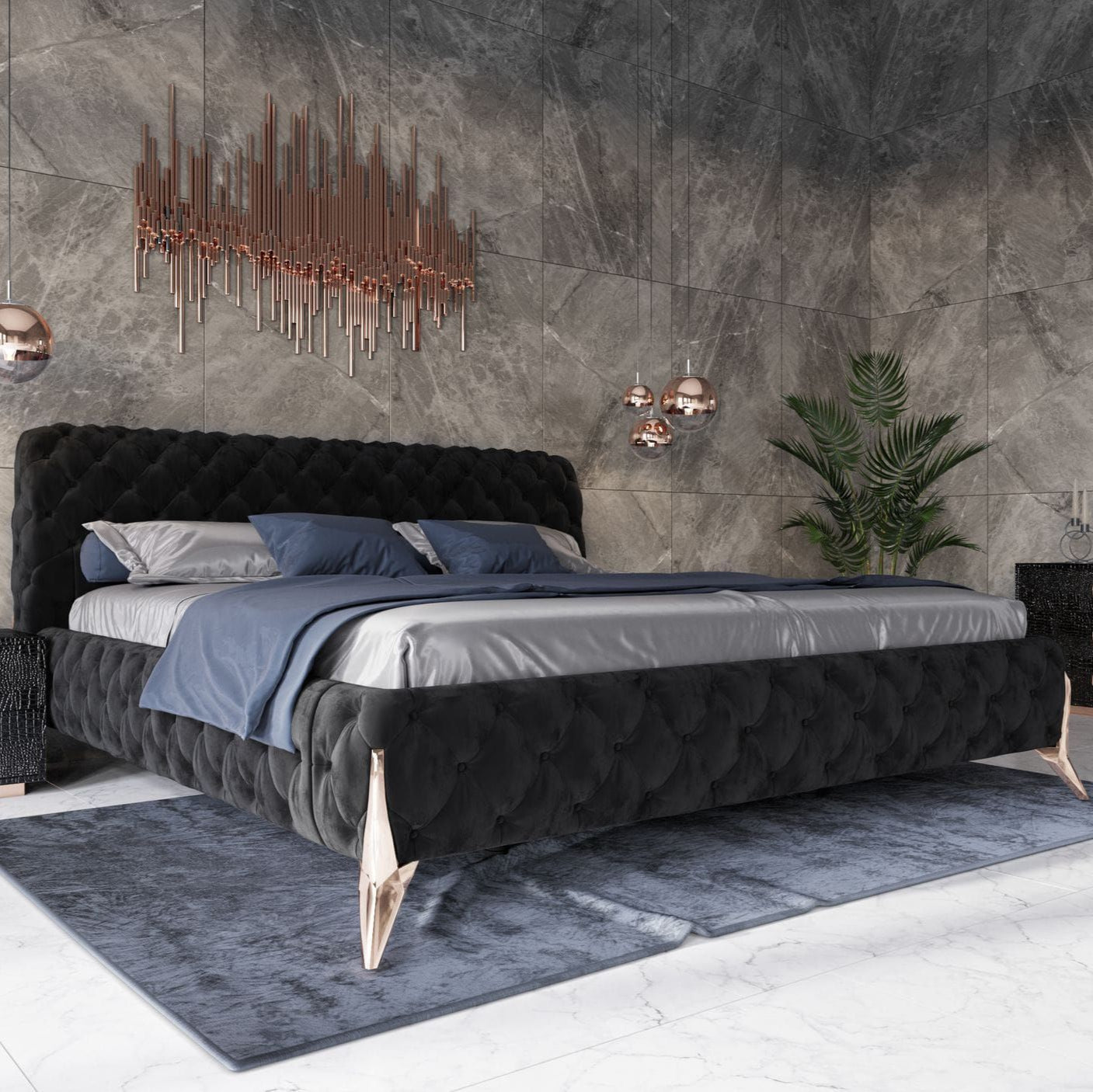 Adouer Wood "Modern Tufted Velvet Upholstered Bed with Gold Legs – Luxurious and Elegant Design"