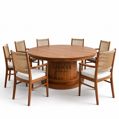 Luxury 7-Seater Round Dining Set - Natural Wood Finish with Beige Upholstery and Corded Backrest