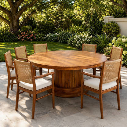 Luxury 7-Seater Round Dining Set - Natural Wood Finish with Beige Upholstery and Corded Backrest