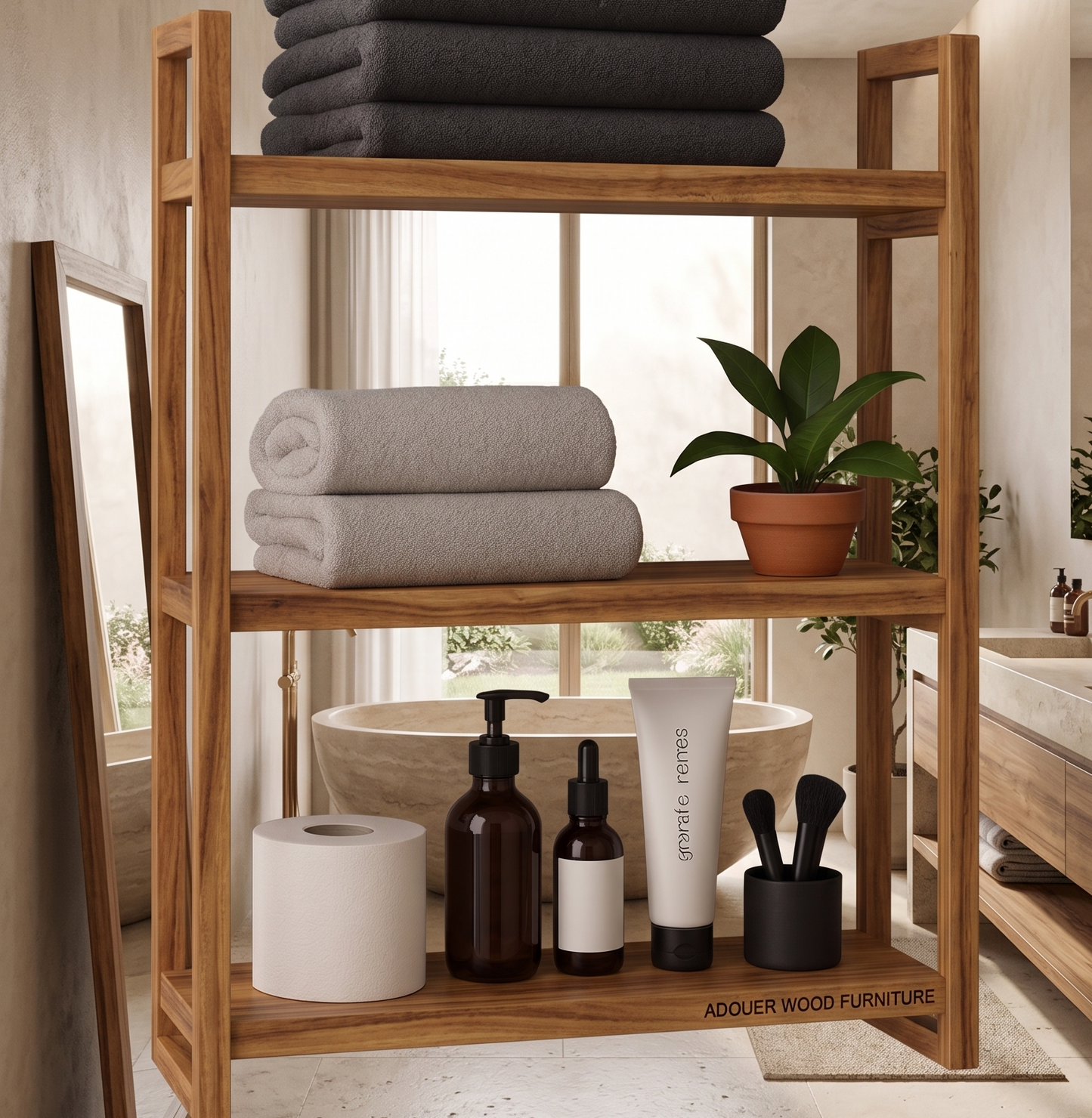 Adouer wood Solid Wood Wall-Mounted Bathroom Shelf – 3-Tier Wooden Towel Rack & Organizer