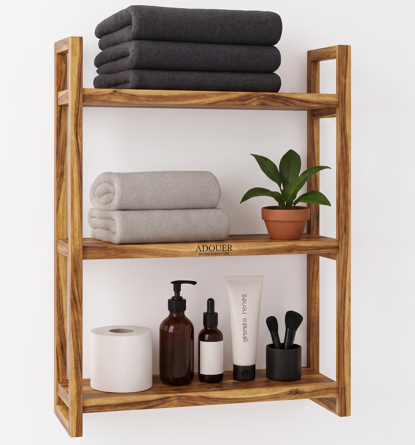 Adouer wood Solid Wood Wall-Mounted Bathroom Shelf – 3-Tier Wooden Towel Rack & Organizer