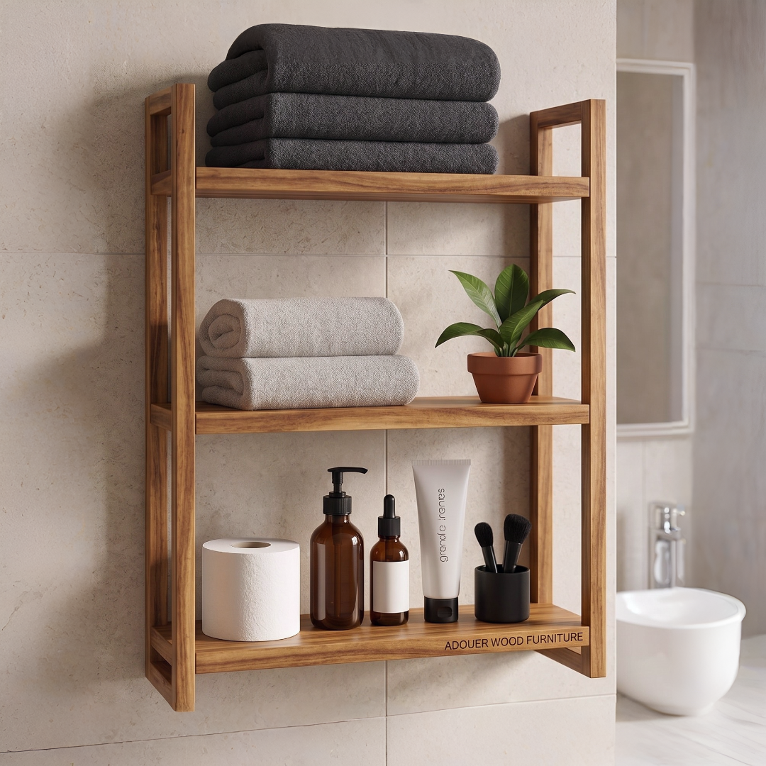 Adouer wood Solid Wood Wall-Mounted Bathroom Shelf – 3-Tier Wooden Towel Rack & Organizer