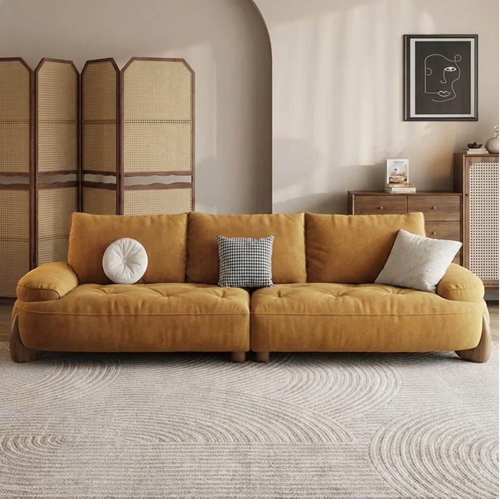 Luxurious Low-Profile Modular Sofa - Tufted Velvet Fabric & Wood Base