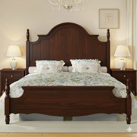 Adouer Wood "Vintage White Luxury Wooden Bed with Intricate Headboard Design – Classic Bedroom Furniture"