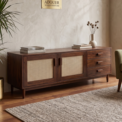 ADOUER WOOD  Sheesham Wood TV Unit with Woven Cane/Rattan Doors & Drawers