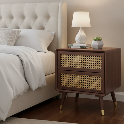 Solid Wood Bedside Table with 2 Rattan Drawers Mid Century Night Stand for Living Room, Bedroom