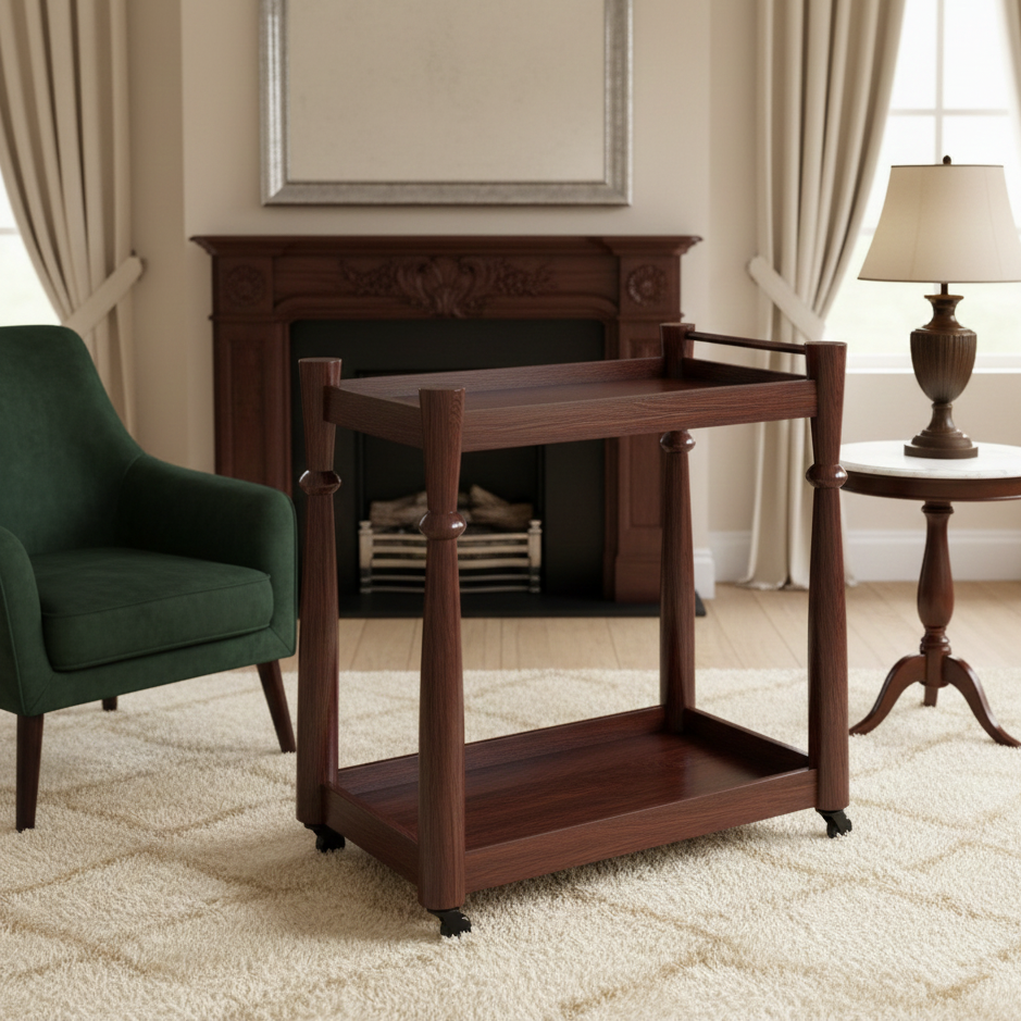 ADOUER WOOD Solid Wood  2-Tier Rolling Bar Cart with Spindle Legs and Locking Casters