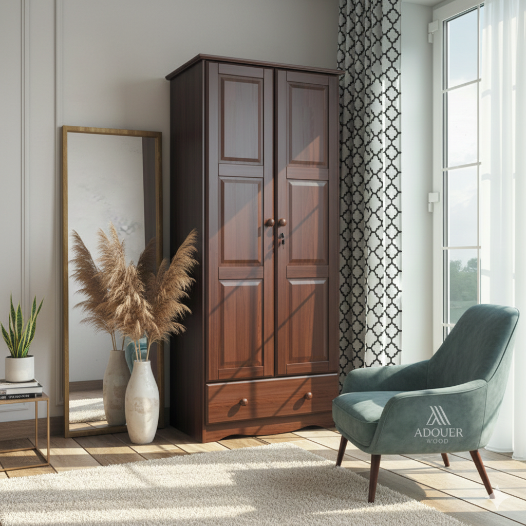 ADOUER WOOD Solid Wood Wardrobe Cabinet | Lockable 2-Door Almirah with Integrated Drawer