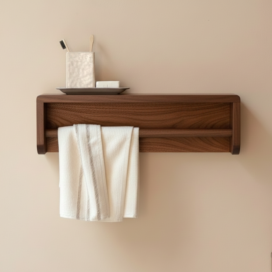 Solid Acacia Wood Floating Bathroom Shelf with Integrated Towel Holder (Set Of 2 Pcs)