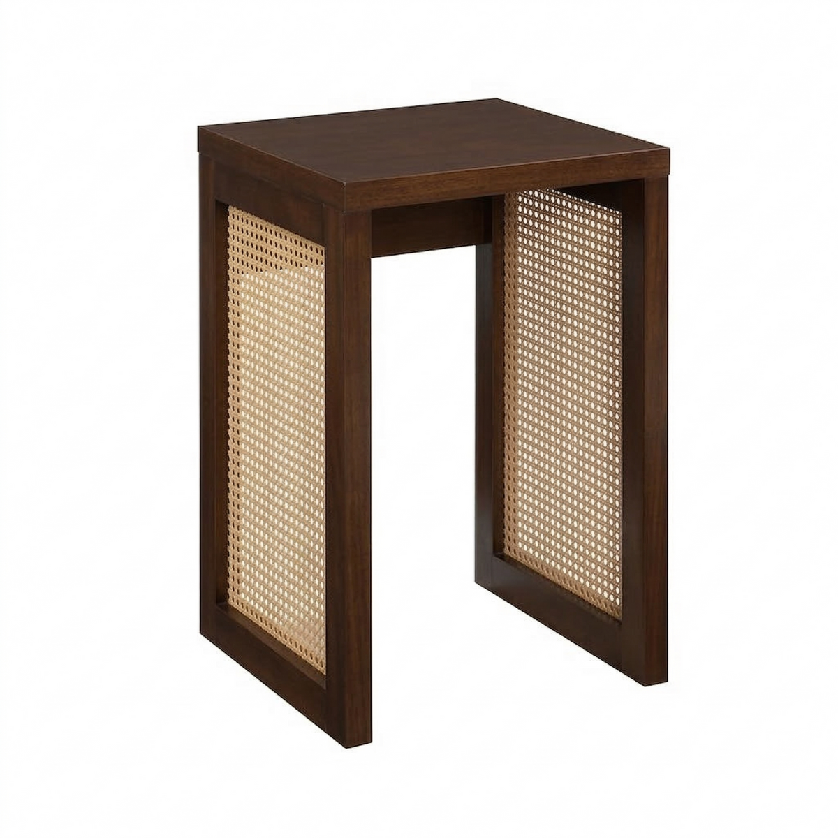 Wooden side table with woven design on a white background