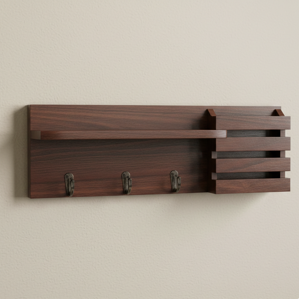 Wall-Mounted Key Holder Entryway Organizer – Floating Shelf with 3 Antique Key Hooks & Integrated Mail Sorter