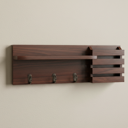 Wall-Mounted Key Holder Entryway Organizer – Floating Shelf with 3 Antique Key Hooks & Integrated Mail Sorter