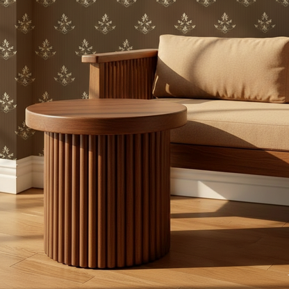 ADOUER WOOD Handcrafted Fluted Wood Pedestal Table – Minimalist Round Coffee Table