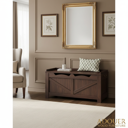 Modern Farmhouse Wood Storage Trunk with Barn Door Detail -Entryway Chest with Scalloped Edge & Safety Hinge