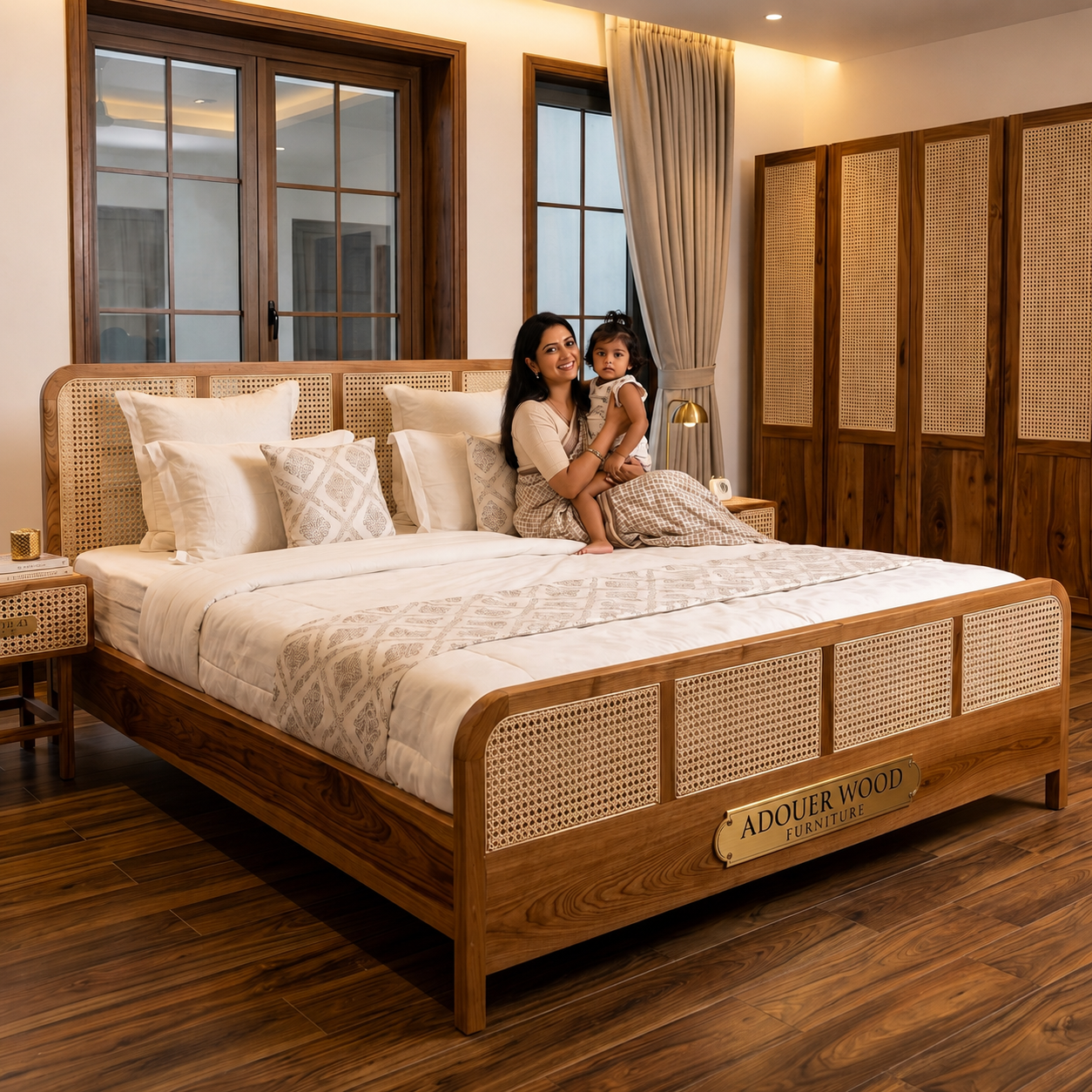 A woman and child sit on a large wooden bed in a styled bedroom. The bed has a warm medium-brown wood frame with woven cane panels, white bedding, and patterned pillows.