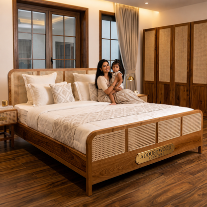 A woman and child sit on a large wooden bed in a styled bedroom. The bed has a warm medium-brown wood frame with woven cane panels, white bedding, and patterned pillows.