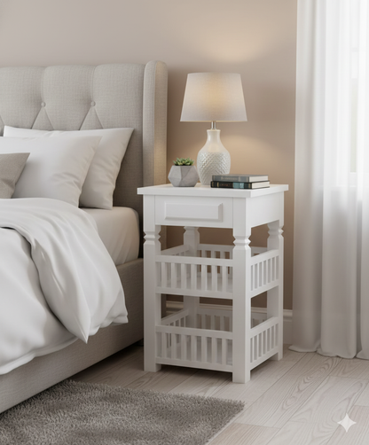 Sheesham 2-Tier Bed Side Table , Narrow End Side Table, Space-Saving Slim Night Stand with Shelf and Drawer Storage