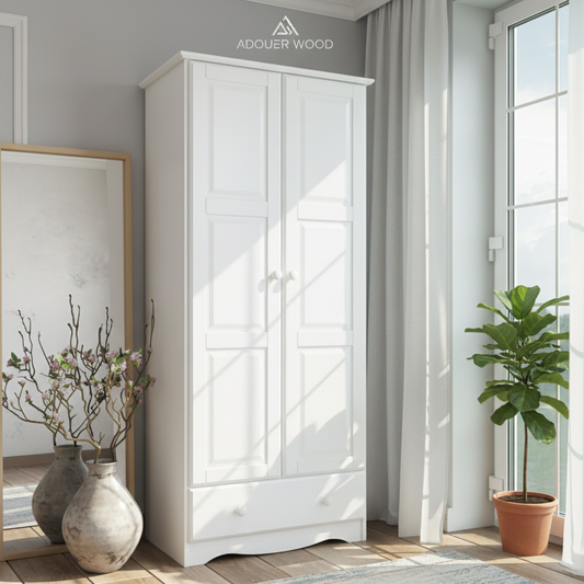 ADOUER WOOD Solid Wood Wardrobe Cabinet | Lockable 2-Door Almirah with Integrated Drawer