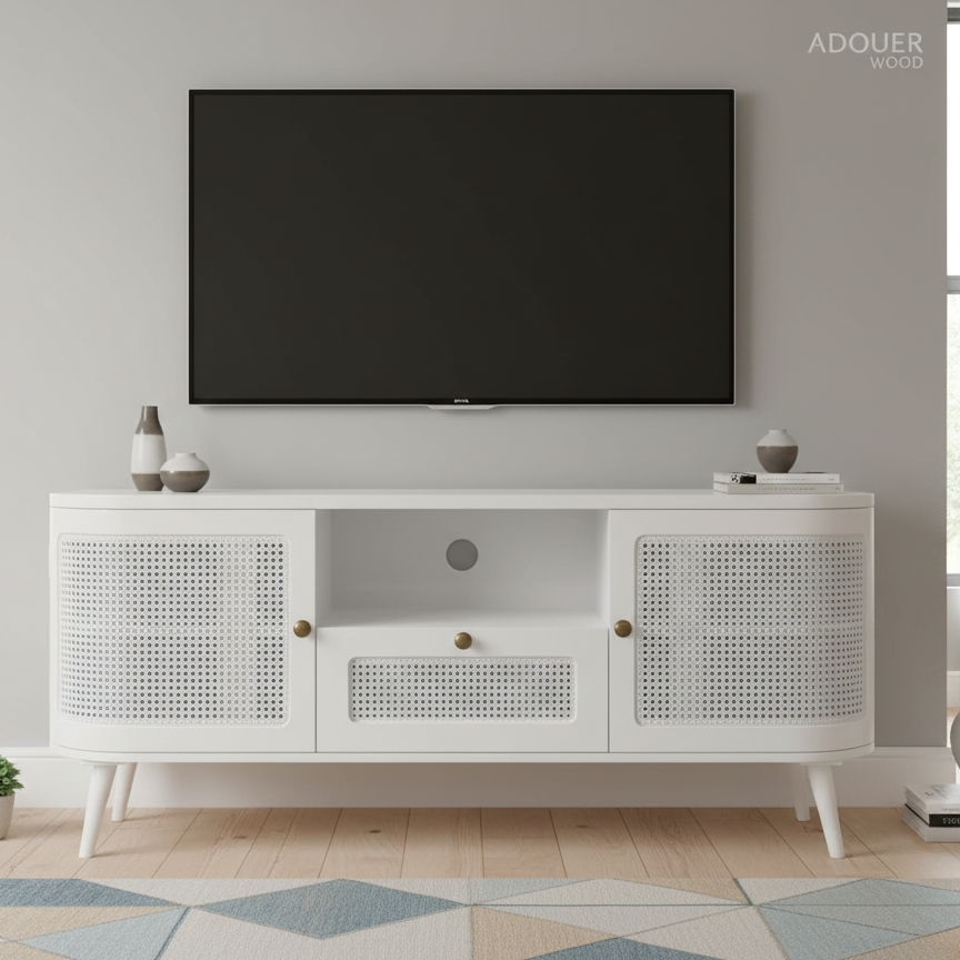 ADOUER WOOD Mid-Century Modern TV Unit – Curved Entertainment Center with Natural Cane Mesh Doors & Solid Wood Legs