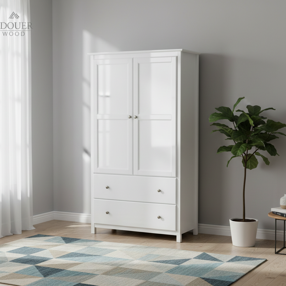 ADOUER WOOD Solid Wood 2-Door Almirah –Wardrobe with 2 Spacious Drawers – Handcrafted Storage Cabinet for Bedroom & Guest Rooms
