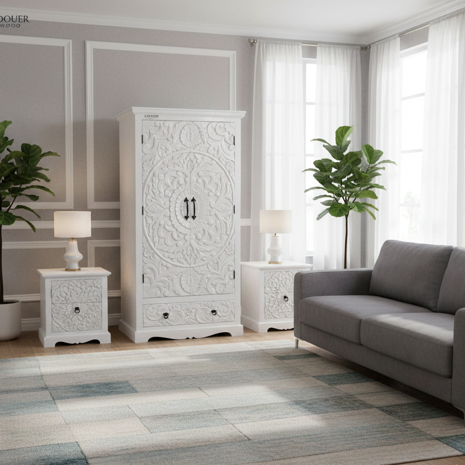 ADOUER WOOD Hand-Carved Solid Wood Wardrobe – Bohemian Floral Mandala Armoire with Integrated Storage Drawer
